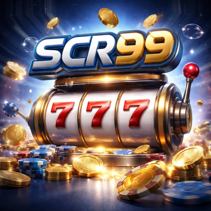 Gold and blue sign 'SCR99' above a shiny slot machine showing three red 7s, surrounded by gold coins and blue/red poker chips, with a chrome lever topped in red.