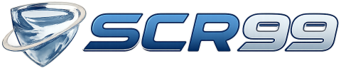 Blue glass-like triangular shield with a silver ring on the left, and bold metallic blue text reading "SCR99" to the right.