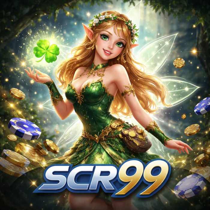 A blonde elf-like fairy in a green leaf dress with wings holds a glowing four-leaf clover, surrounded by flying gold coins and blue poker chips; text "SCR99" at bottom.