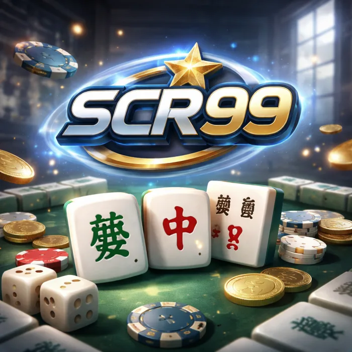 Blue and gold SCR99 logo above three mahjong tiles (green, red and black Chinese characters) on a green felt table surrounded by white dice, poker chips and gold coins.